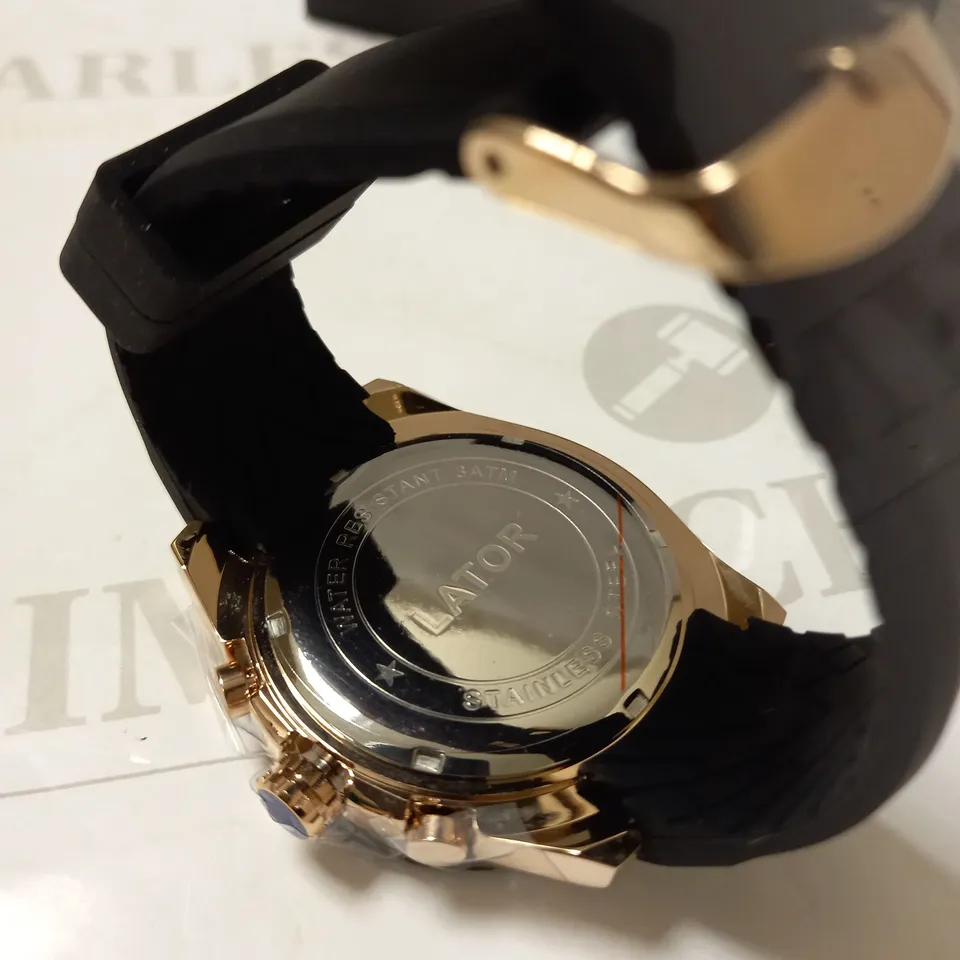 LATOR CALIBRE BLACK DIAL CHRONOGRAPH STYLE RUBBER STRAP WATCH RRP £635