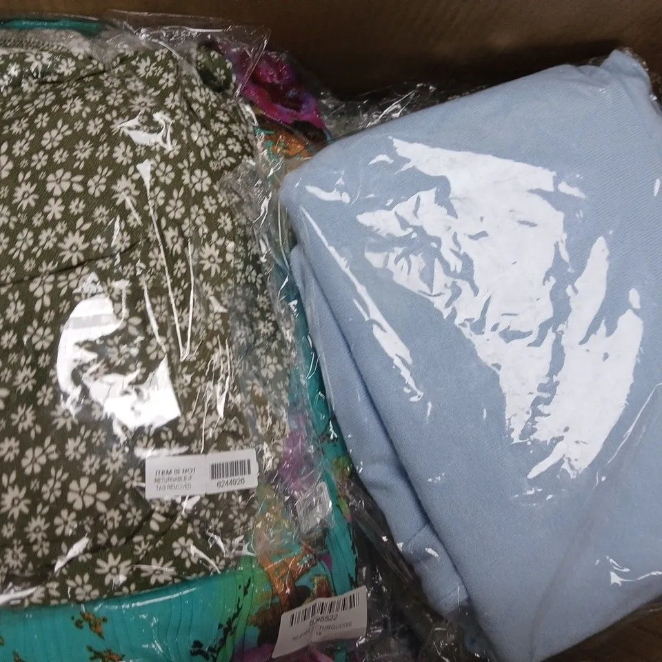 BOX OF APPROXIMATELY 20 ASSORTED CLOTHING ITEMS IN VARIOUS COLOURS, STYLES, AND SIZES - COLLECTION ONLY