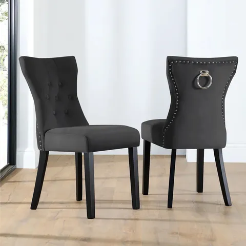 BOXED KENSINGTON DINING CHAIR, BLACK CLASSIC VELVET & BLACK SOLID HARDWOOD 
