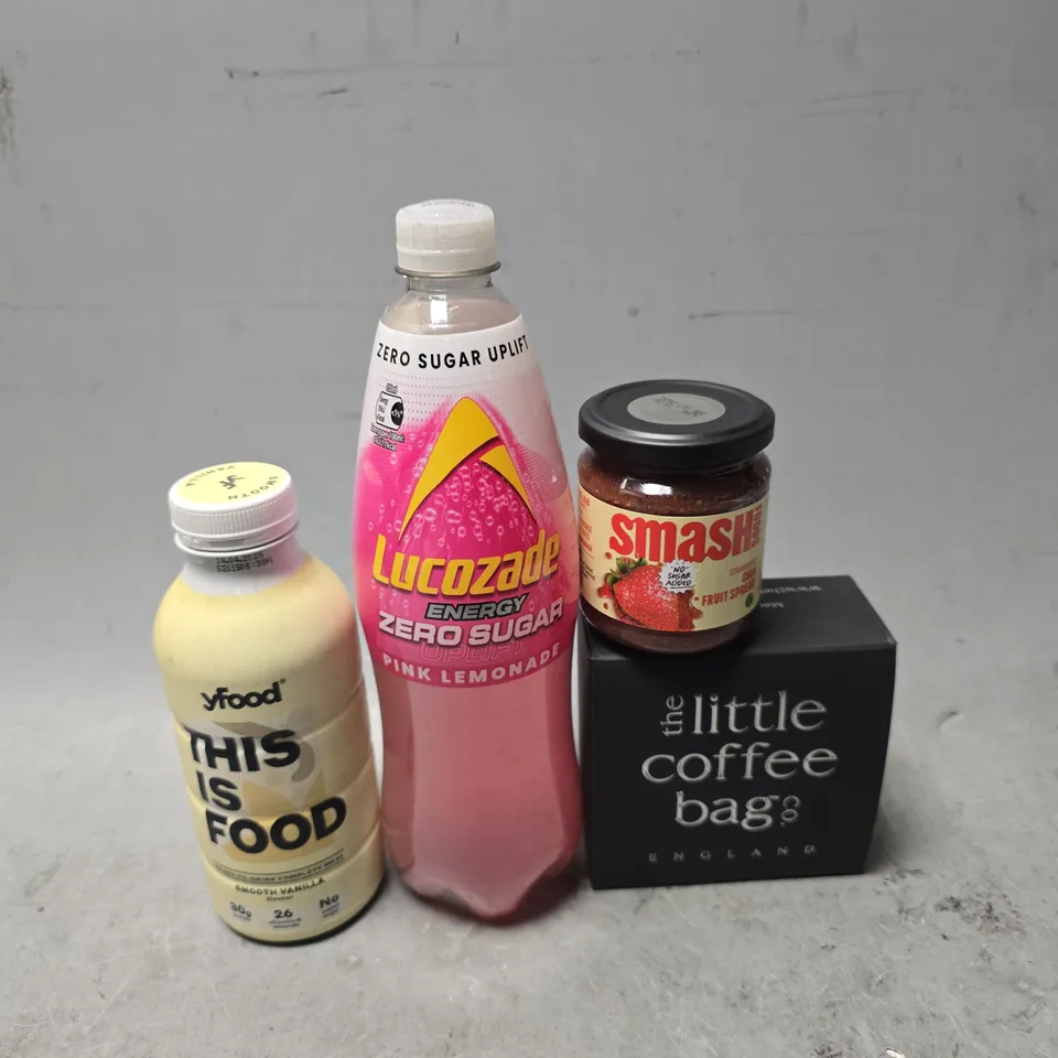 APPROXIMATELY 8 ASSORTED FOOD & DRINK ITEMS TO INCLUDE - LUCOZADE PINK LEMONADE , YFOOD , SMASH ETC
