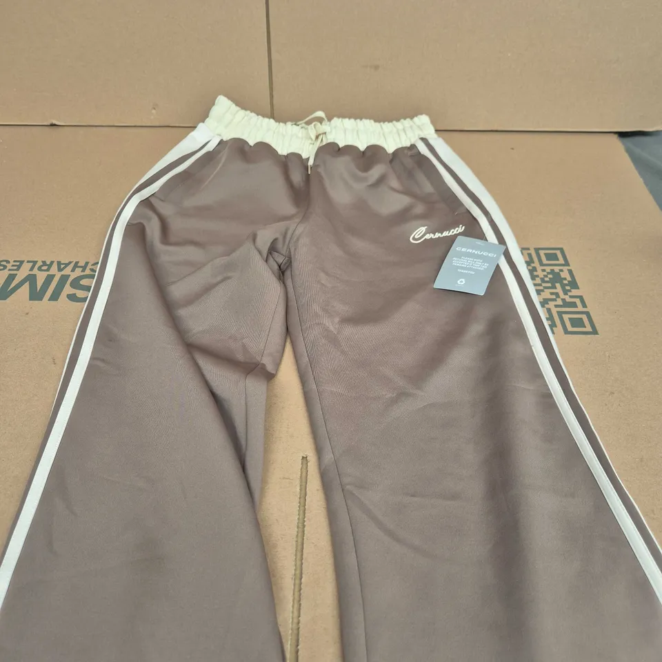 CERNUCCI TRACK PANTS – BROWN TAUPE WITH WHITE SIDE STRIPES – SIZE S