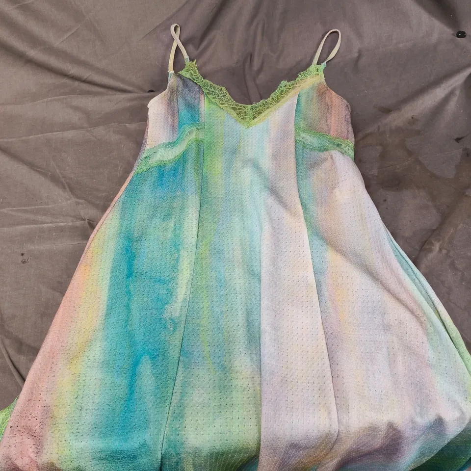 ZARA WOMAN DRESS – PASTEL RAINBOW WITH LIME LACE TRIM - SIZE L