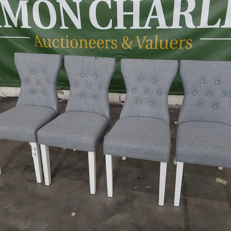 SET OF FOUR BUTTONED BACK UPHOLSTERED DINING CHAIRS GREY FABRIC ON WHITE PAINTED LEGS 