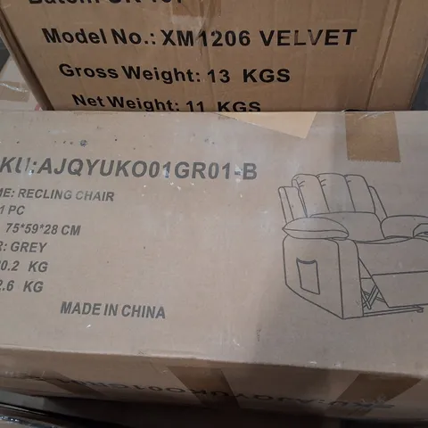 BOXED RECLINER CHAIR - GREY (2 BOXES)