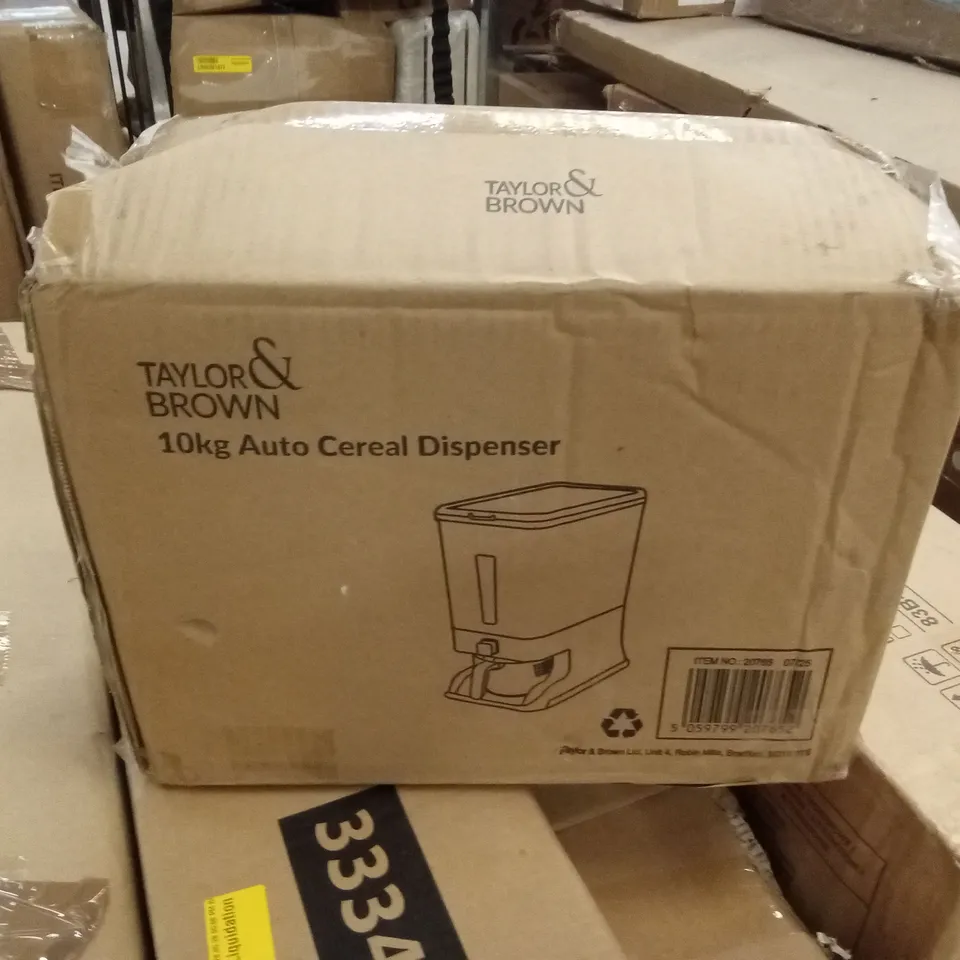 BOXED TAYLOR & BROWN 10KG AUTO CEREAL DISPENSER (1 BOX)