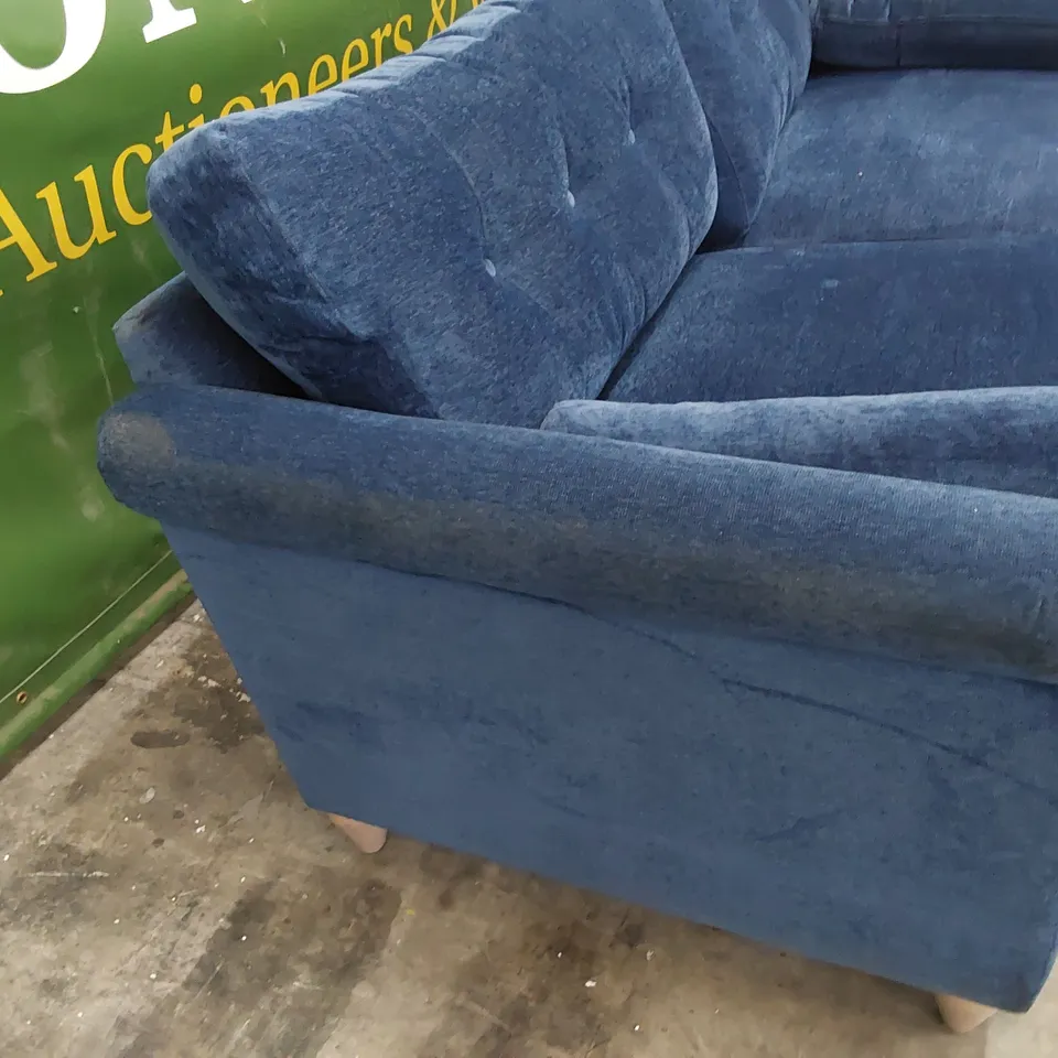 QUALITY BRITISH MADE LOUNGE Co PHOEBE FOUR SEATER SOFA WITH ROLL BOLSTER CUSHIONS BLUE PLUSH 