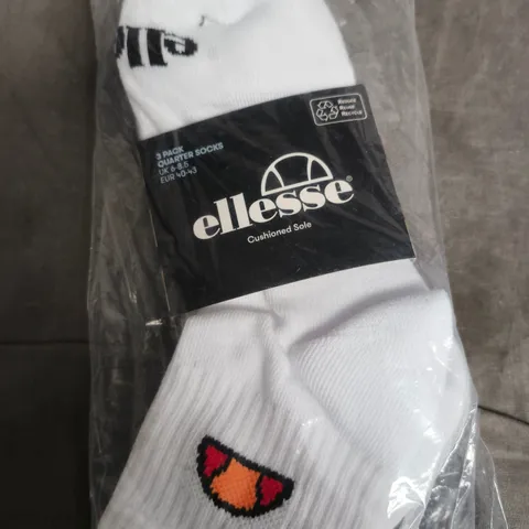 ELLESSE WHITE 3-PACK QUARTER SOCKS CUSHIONED SOLE UK 6-8.5