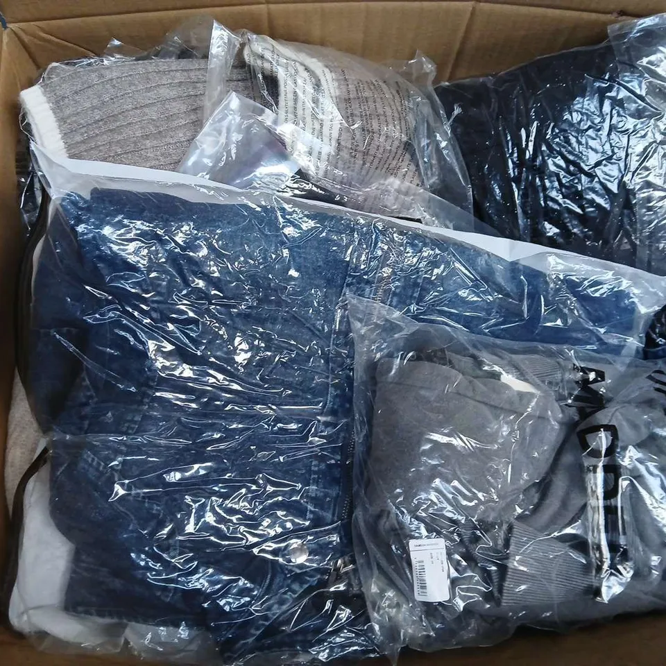 LARGE BOX OF ASSORTED CLOTHING ITEMS IN VARIOUS SIZES, STYLES AND COLOUR 