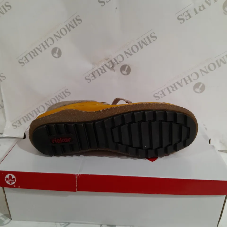 BOXED PAIR OF RIEKER LACE ANKLE BOOTS, YELLOW - SIZE 6