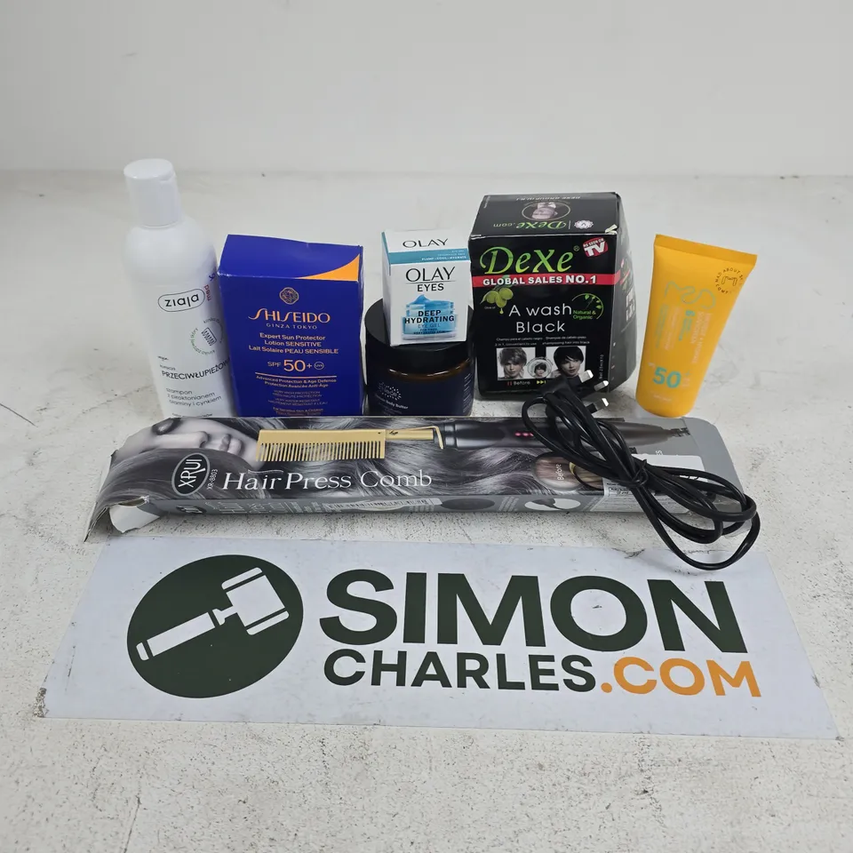 APPROXIMATELY 15 ASSORTED HEALTH & BEAUTY PRODUCTS TO INCLUDE OLAY EYES, HAIR PRESS COMB, SHISEIDO SUN PROTECTOR, ETC - COLLECTION ONLY