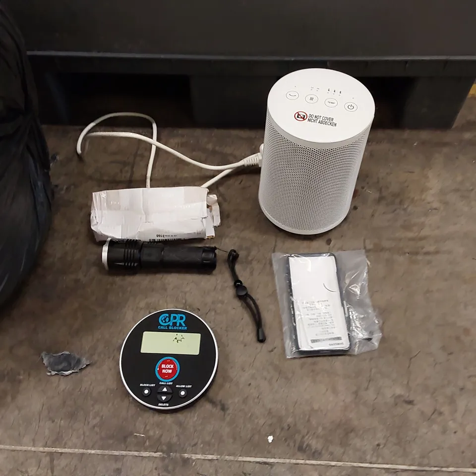 PALLET OF ASSORTED ITEMS INCLUDING: PTC CERAMIC HEATER, EXERCISE BIKE, BEDDING, CPR CALL BLOCKER, TORCH, PHONE CASE ECT
