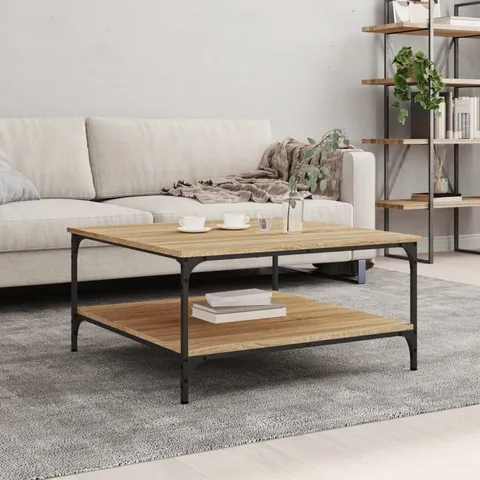 VIDAXL MODERN COFFEE TABLE IN SONOMA OAK FINISH - ENGINEERED WOOD SQUARE TABLE WITH SHELVES AND METAL FRAME FOR LIVING ROOM 