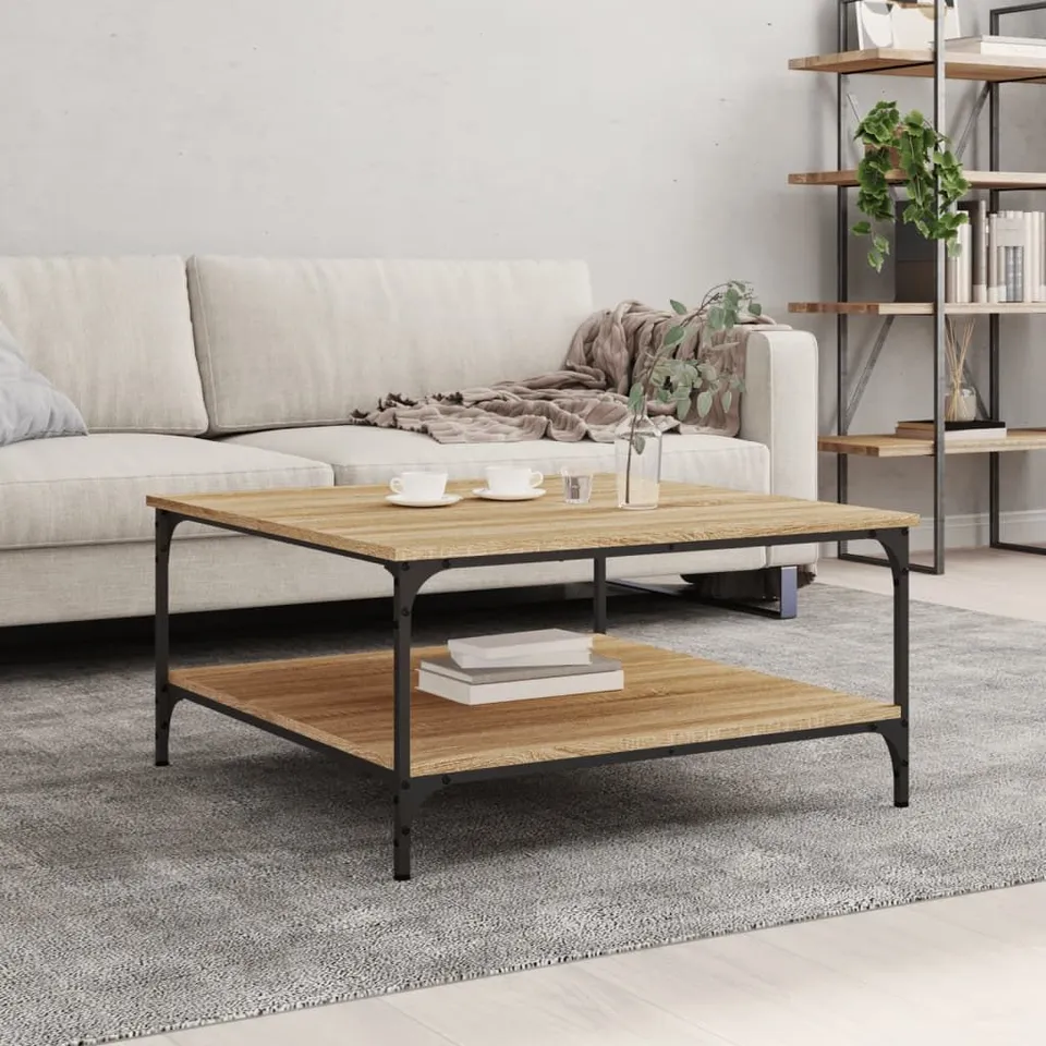 VIDAXL MODERN COFFEE TABLE IN SONOMA OAK FINISH - ENGINEERED WOOD SQUARE TABLE WITH SHELVES AND METAL FRAME FOR LIVING ROOM 