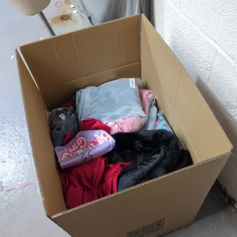 TWO-PIECE WOMEN'S CLOTHING SET: RED TROUSERS & LILAC TOP FULL BOX OF ASSORTED CLOTHES .