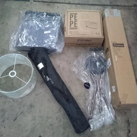 PALLET OF ASSORTED ITEMS INCLUDING PEPE TOILET RISER 4", PEPE CANE WITH SEAT, KINGCAMP PAULOWNIA, LUMBAR SUPPORT CUSHION, LAMP SHADE, FOLDING FISHING CHAIR