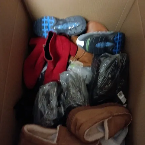 BOX OF APPROXIMATELY 15 ASSORTED PAIRS OF SHOES IN VARIOUS STYLES , COLOURS AND SIZES 