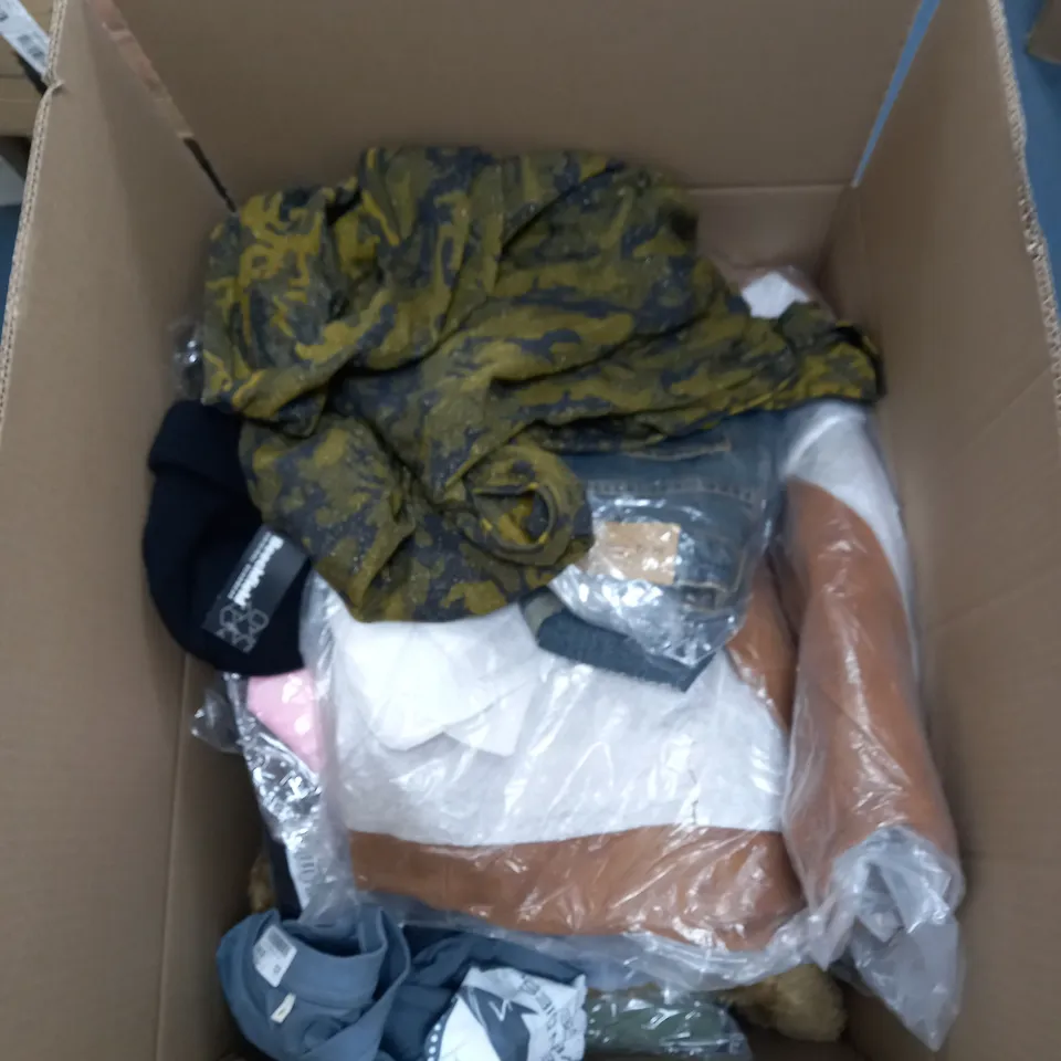 BOX OF ASSORTED CLOTHING ITEMS TOO INCLUDE JUMPERS, SHIRTS AND TROUSERS IN VARIOUS SIZES AND COLOURS   