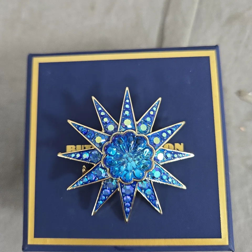 BUTLER & WILSON STARBURST BROOCH – BLUE CRYSTAL, BOXED