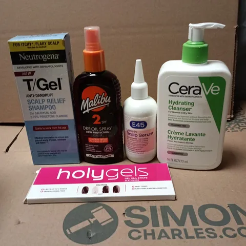 APPROXIMATEY 20 ASSORTED HEALTH AND BEAUTY PRODUCTS TO INCLUDE - E45 LEAVE IN SCALP SERUM - MALIBU DRY OIL SPRAY AND CERAVE HYDRATING CLEANSER