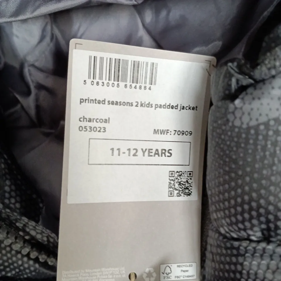 MOUNTAIN WAREHOUSE KIDS' PADDED JACKET – CHARCOAL, 11-12 YEARS