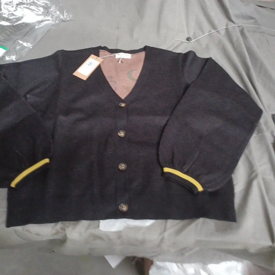 SUGARHILL NAVY WOMEN'S CARDIGAN WITH V-NECK, BUTTON-FRONT, PUFF SLEEVES AND YELLOW TRIM SIZE 14