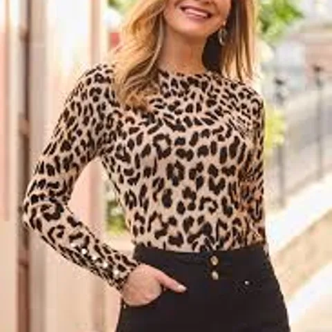 SOSANDER LEOPARD PRINT BUTTON CUFF CREW NECK JUMPER SIZE 12