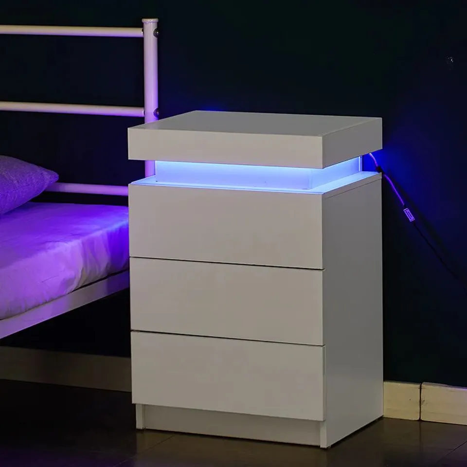 BOXED KUMAR LED LIGHT BEDSIDE TABLE [3 DRAWERS]