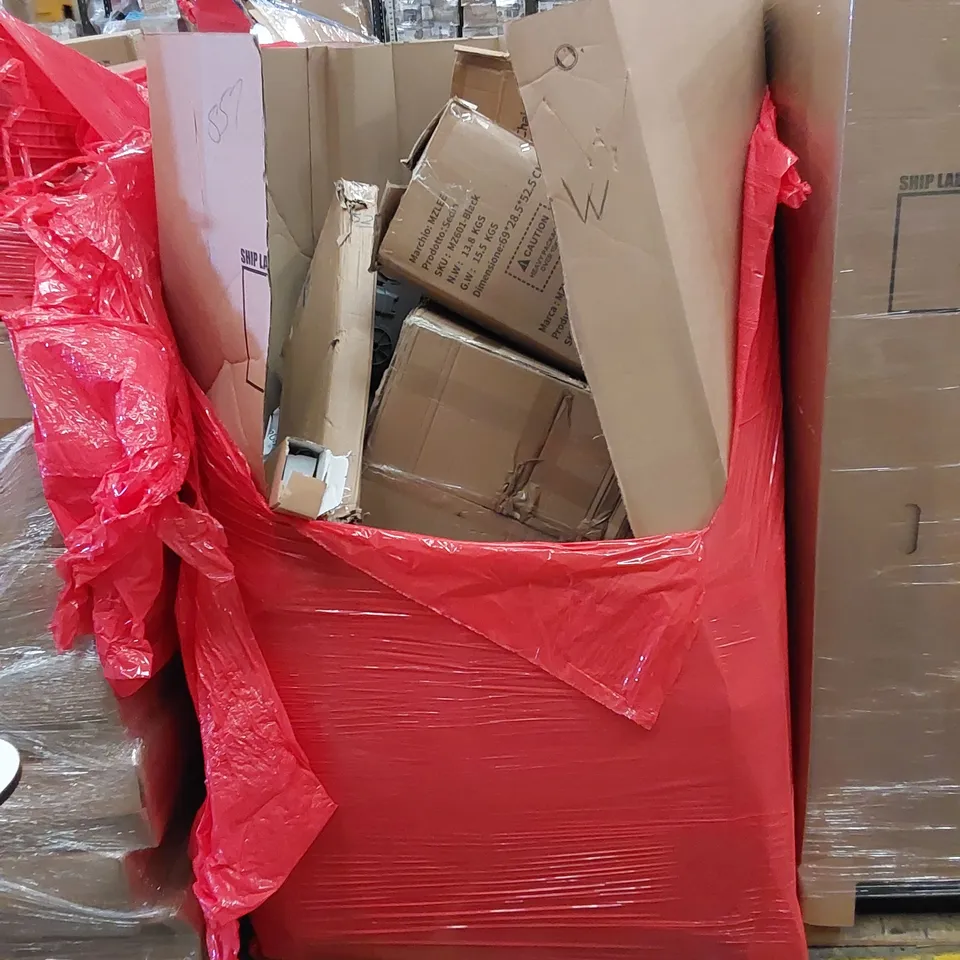 PALLET TO CONTAIN ASSORTED HOUSEHOLD ITEMS AND CONSUMER PRODUCTS. INCLUDING BABY HIGH CHAIR, FOOD PROCESSOR, GRIDDLE, INDOOR SWING, OFFICE CHAIR ETC 
