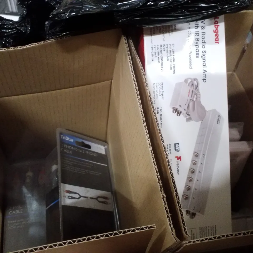 PALLET CONTAINING ASSORTED ELECTRICAL PRODUCTS INCLUDING 1.5M TRIPLE PHONO CABLES, 2 PHONO TO 2 PHONO CABLE & EXTENSION CORD
