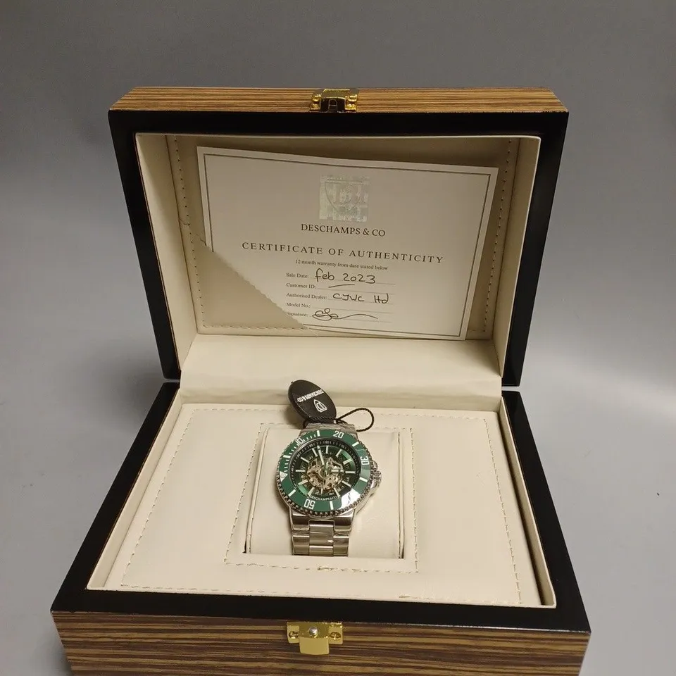 MENS DESCHAMPS & CO AUTOMATIC WATCH – SKELETON DIAL – CERAMIC BEZEL - STAINLESS STRAP