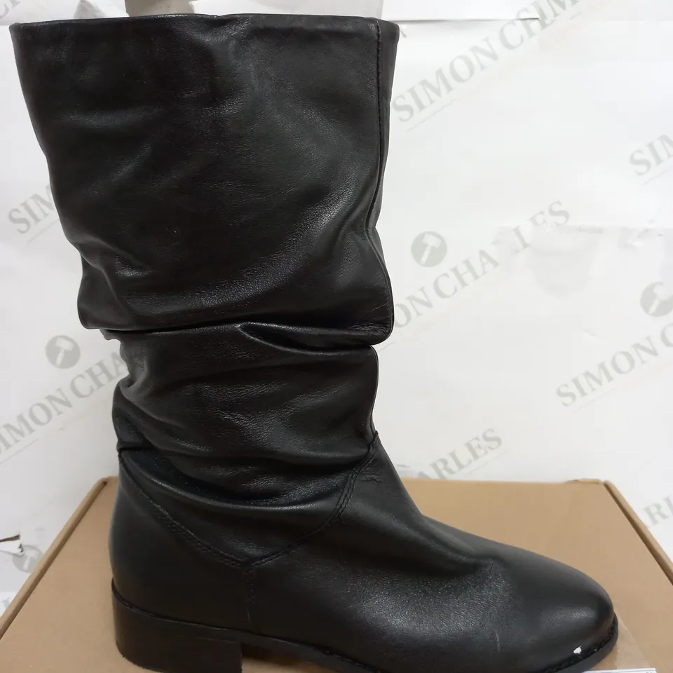 BOXED DUNE LEATHER RUCHED CALF BOOTS, BLACK - SIZE 5 