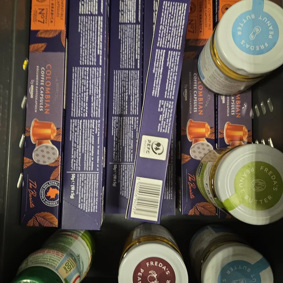 APPROXIMATELY 15 ASSORTED FOOD/DRINK PRODUCTS TO INCLUDE PACT COFFEE, SQUISHIES, FREDA'S PEANUT BUTTER ETC 