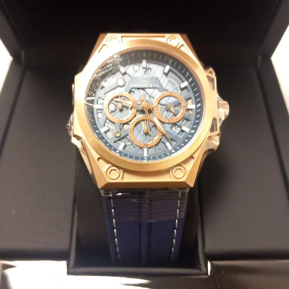 MEN’S ZIHLMANN & CO CHRONOGRAPH WATCH – MODEL ZC100 – STAINLESS STEEL CASE – BLACK DIAL WITH SUB DIALS – 5ATM WATER RESISTANT – BLUE STRAP – RRP £650