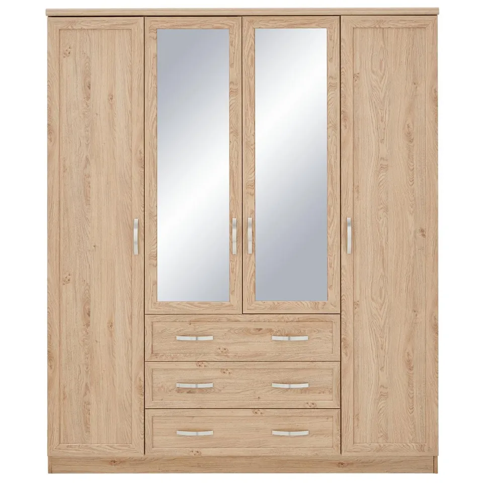 BOXED CAMBERLEY 3 DOOR 3 DRAWER MIRRORED WARDROBE OAK (2 BOXES)