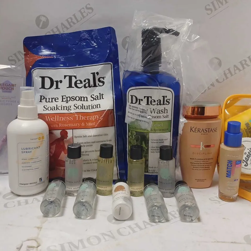LOT OF APPROX 12 ASSORTED BEAUTY PRODUCTS TO INCLUDE KERASTASE SHAMPOO, LUBRICANT SPRAY, RIMMEL FOUNDATION, ETC 