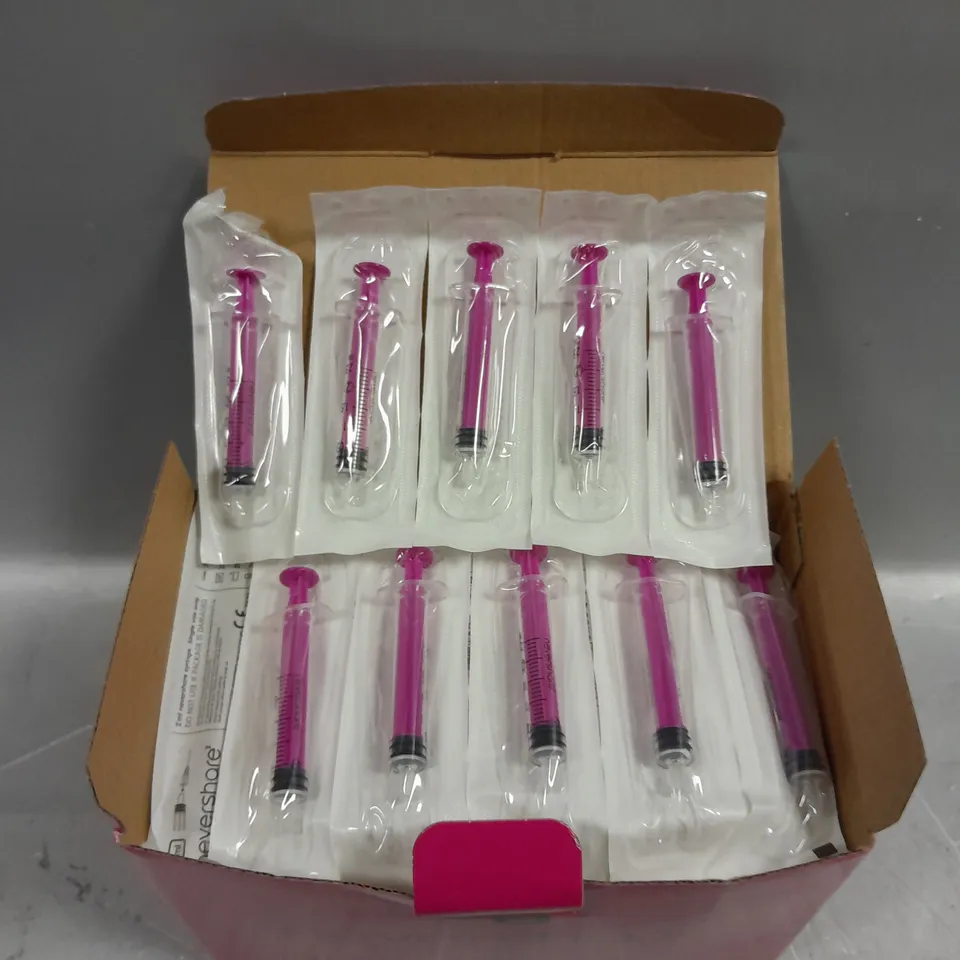 BOXED NEVERSHARE2 2ML LUER SLIP SINGLE USE SYRINGES - PACK OF APPROXIMATELY 100 