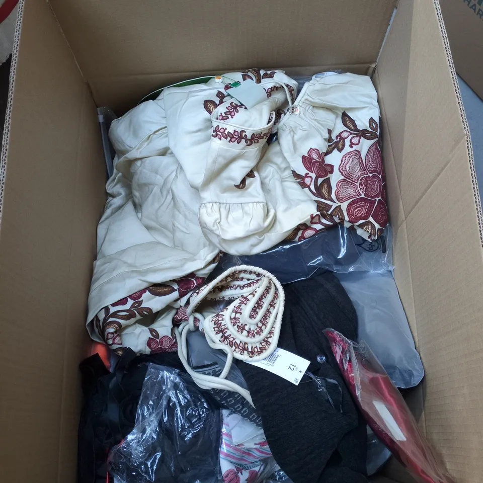 BOX OF APPROXIMATELY 22 ASSORTED CLOTHING ITEMS TO INCLUDE CORDUROY TROUSERS, "I AM ACE" T SHIRT, PERIOD PANTY PACK ETC