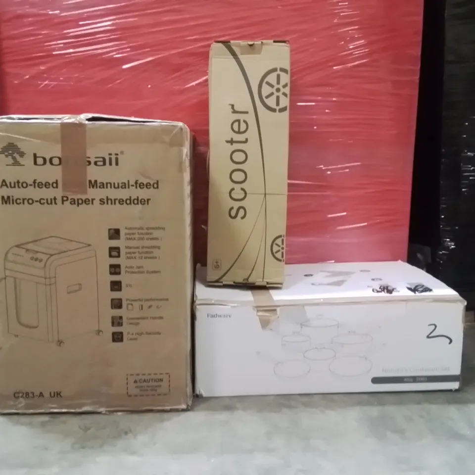 PALLET OF ASSORTED HOUSEHOLD GOODS AND PRODUCTS TO INCLUDE;NONSTICK COOKWARE SET,SCOOTER,PAPER SHREDDER