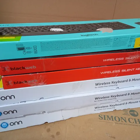 LOT OF 6 X KEYBOARDS TO INCLUDE LOGITECH MK270 WIRELESS KEYBOARD AND MOUSE COMBO, BLACKWEB WIRELESS SILENT KEYBOARD, ONN WIRELESS KEYBOARD AND MOUSE COMBO, ETC.