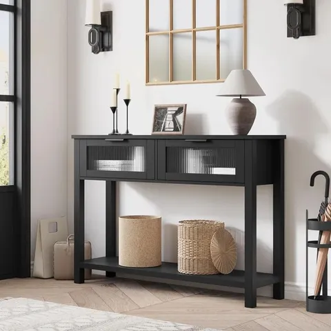 BOXED GARVEE 110CM CONSOLE TABLE WITH GLASS DRAWER – RUSTIC INDUSTRIAL HALLWAY TABLE FOR LIVING ROOM & FOYER – CLASSIC BLACK ACCENT SOFA TABLE
