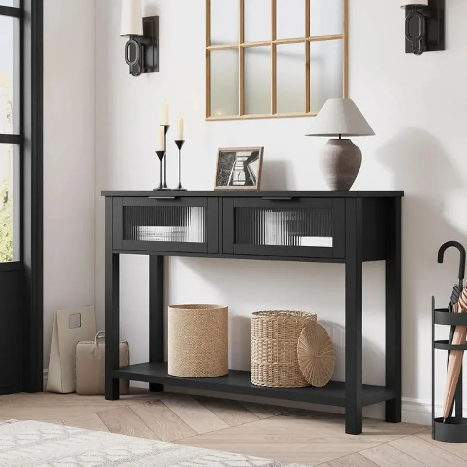BOXED GARVEE 110CM CONSOLE TABLE WITH GLASS DRAWER – RUSTIC INDUSTRIAL HALLWAY TABLE FOR LIVING ROOM & FOYER – CLASSIC BLACK ACCENT SOFA TABLE