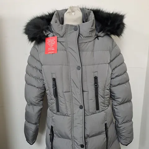 SPINDLE BOUTIQUE LONG FUR PARKA HOODED JACKET IN GREY SIZE M