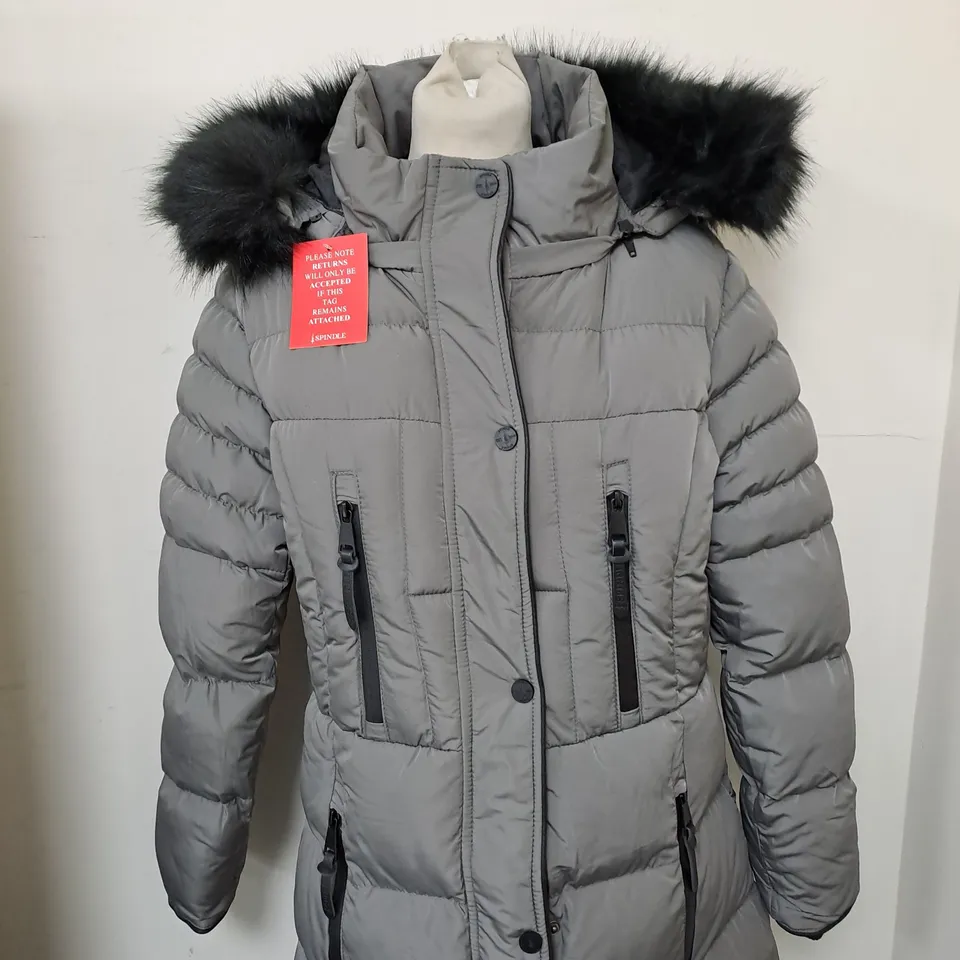 SPINDLE BOUTIQUE LONG FUR PARKA HOODED JACKET IN GREY SIZE M