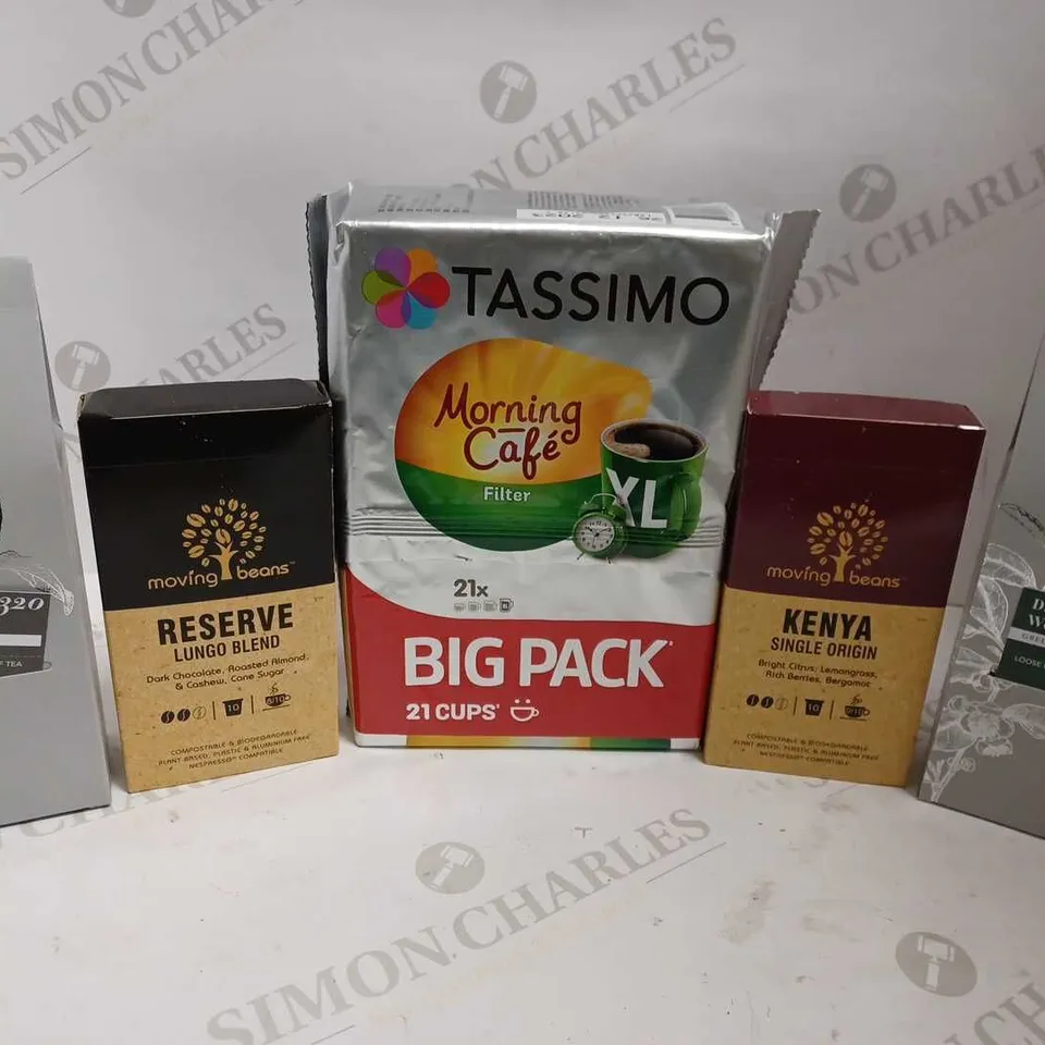 BOX OF APPROX 6 ITEMS TO INCLUDE MOVING BEANS COFFEE, WHITTARD COFFEE BEANS AND TASSIMO COFFEE PODS