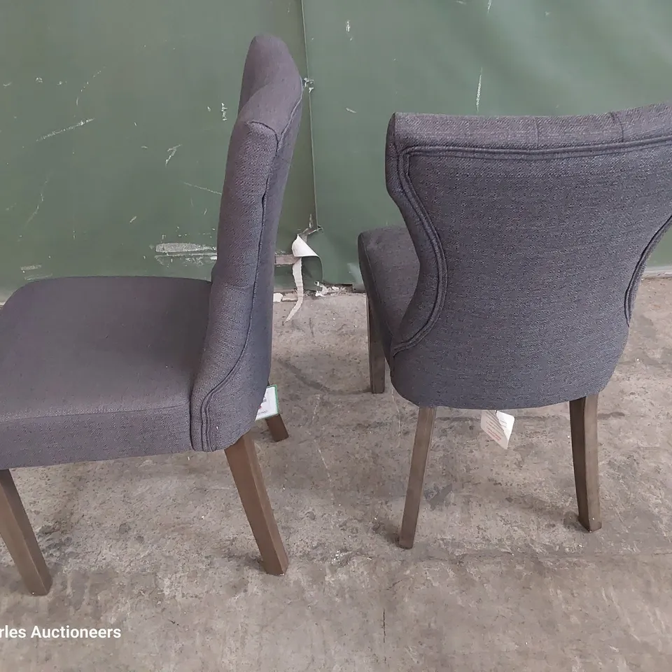 TWO UPHOLSTERED BUTTONED BACK DINING CHAIRS CHARCOAL FABRIC ON DARK LEGS 