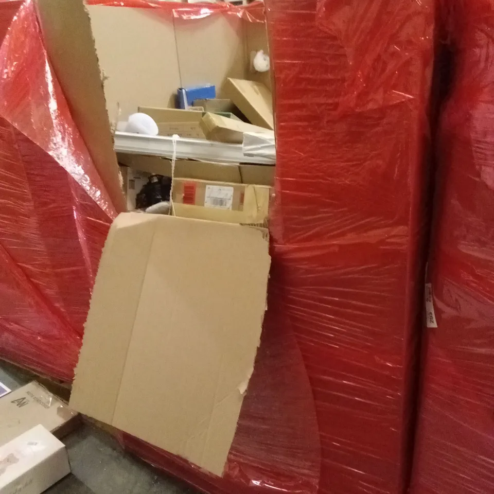 PALLET OF ASSORTED HOUSEHOLD GOODS AND PRODUCTS TO INCLUDE; UMBRELLA, BLINDS, TOILET SEATS, AEROBIC STEPPER ETC