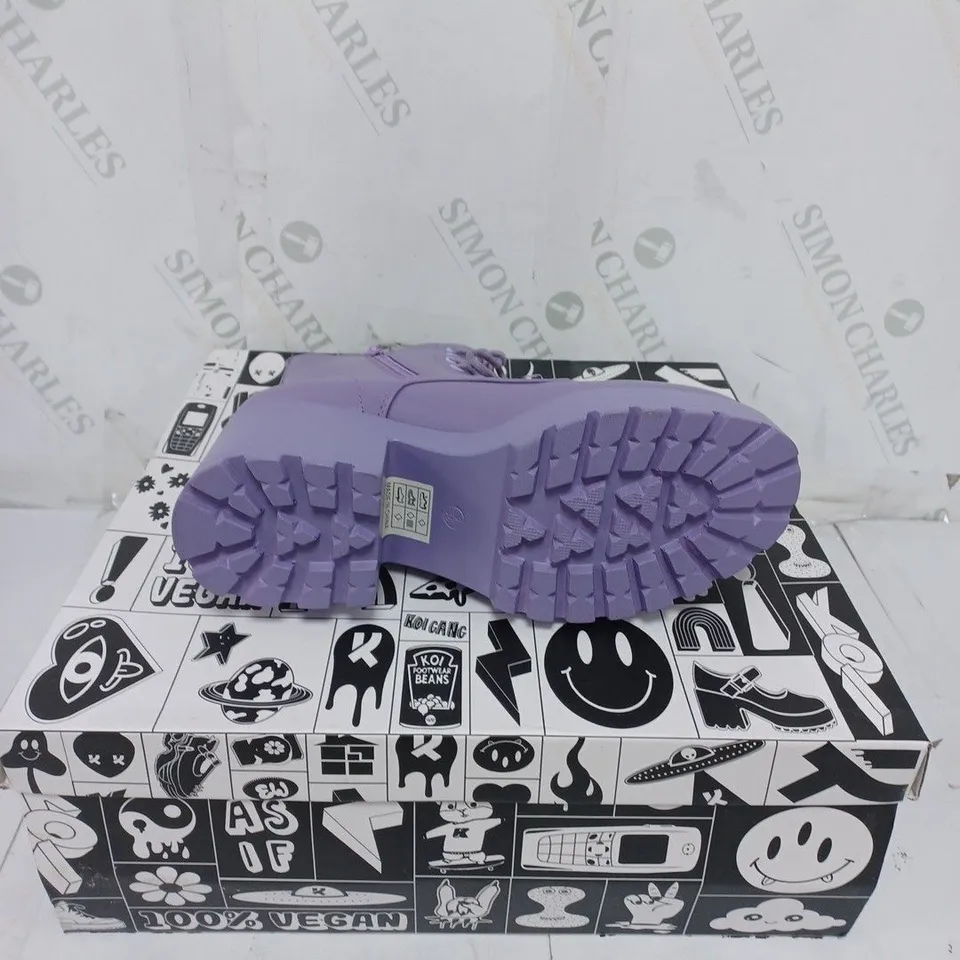 KOI FOOTWEAR LADIES LAVENDER LACE UP WITH ZIP CHUNKY HEEL BOOTS SIZE 3