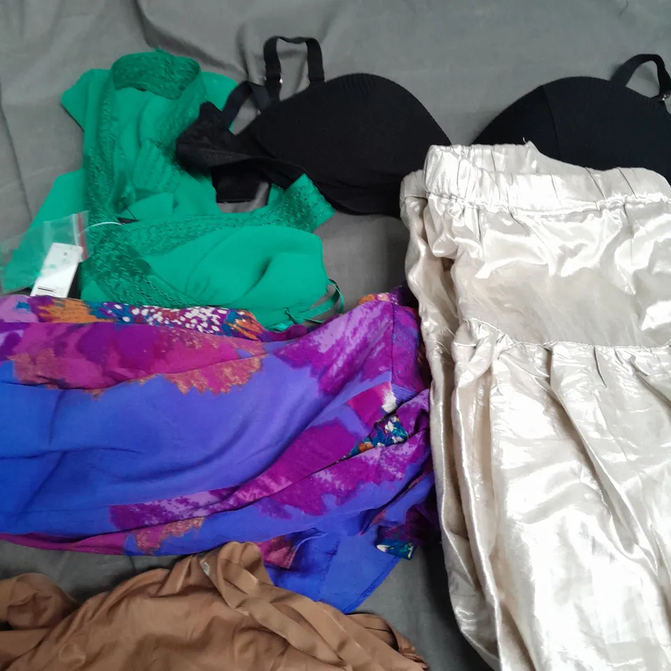 APPROXIMATELY 25 ASSORTED CLOTHING ITEMS IN VARIOUS SIZES TO INCLUDE - BRAS , PANTS , DRESS ETC