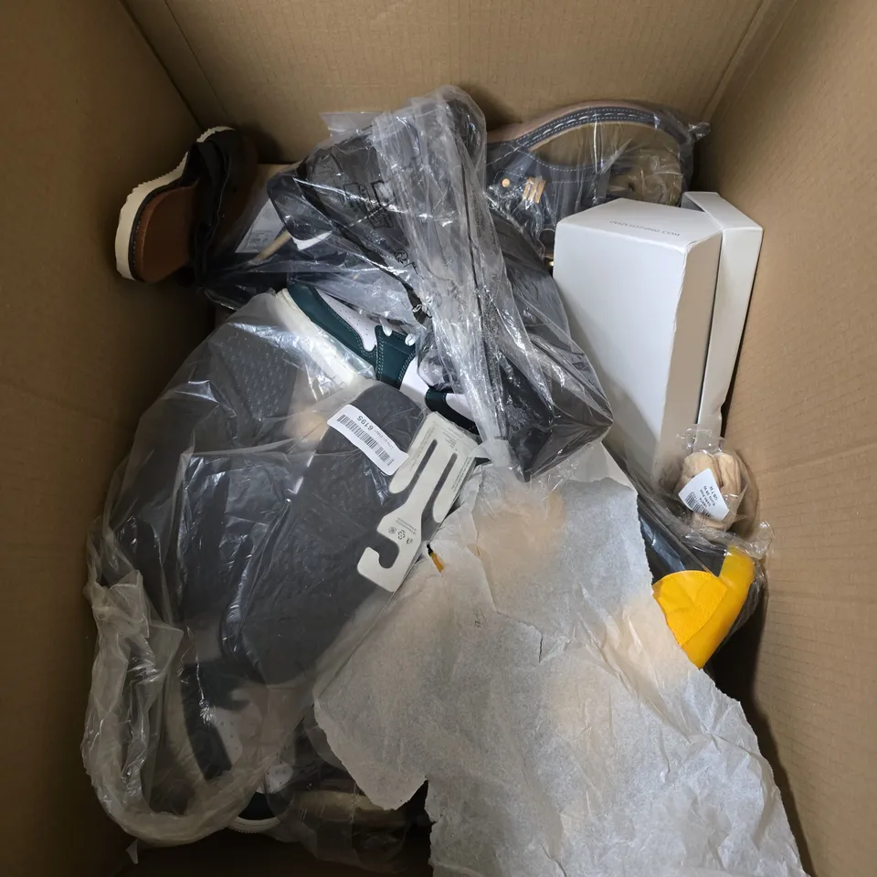 BOX OF APPROXIMATELY 8 PAIRS OF ASSORTED SHOES IN VARIOUS COLOUR, STYLES AND SIZES