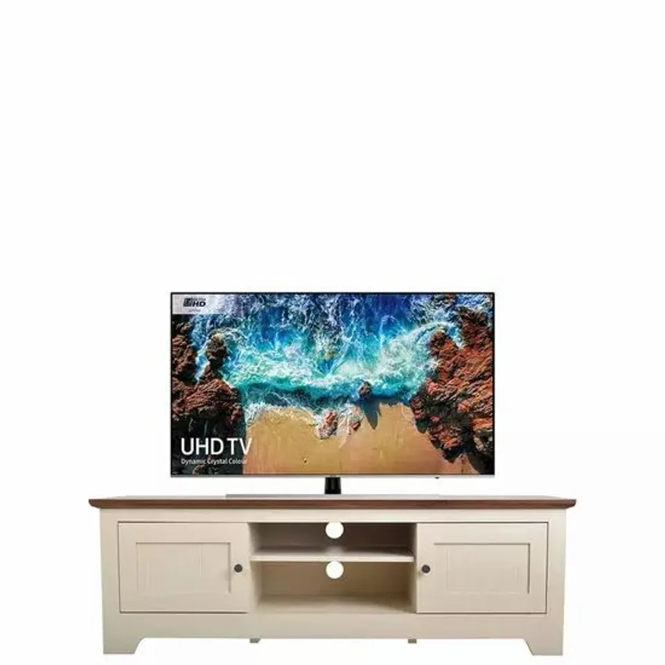 BOXED DEVON TV UNIT FOR TVS UP TO 65" - IVORY/WALNUT (1 BOX) RRP £149